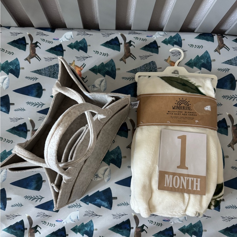 Wonderblume Milestone Baby Blanket w/ Age Cards & Organizer Basket